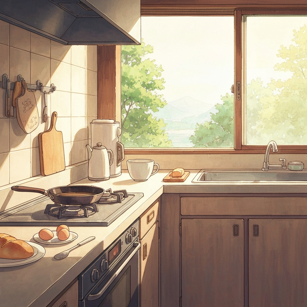 シーン「朝食を作る時間」のイラスト