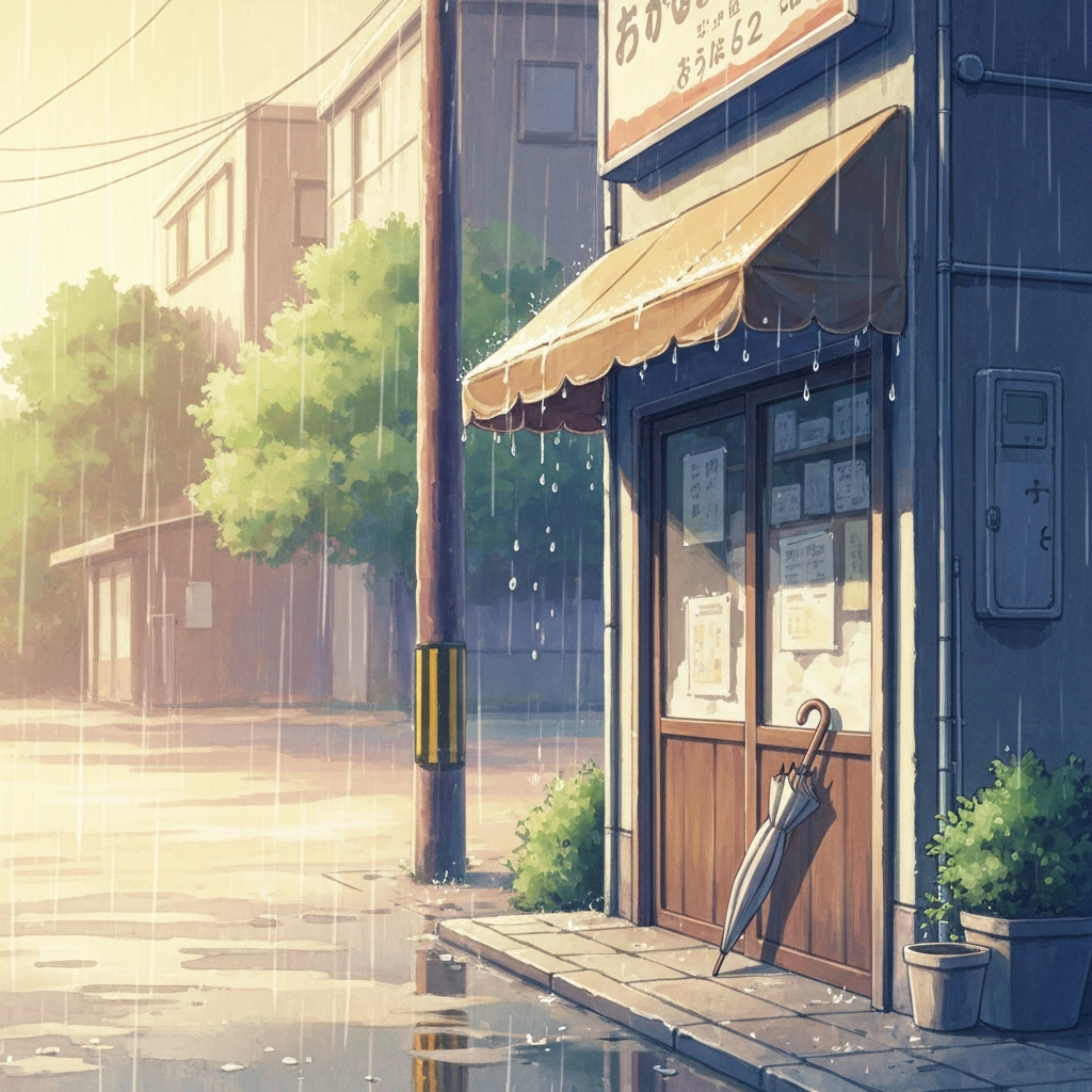シーン「雨宿りで偶然会う」のイラスト
