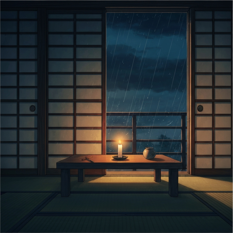 シーン「台風の夜、停電」のイラスト