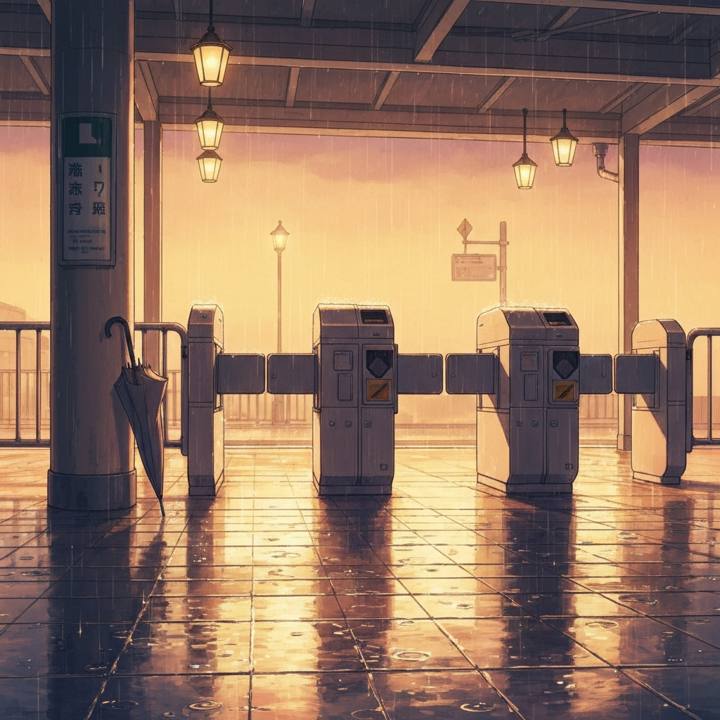 シーン「雨の駅で偶然」のイラスト