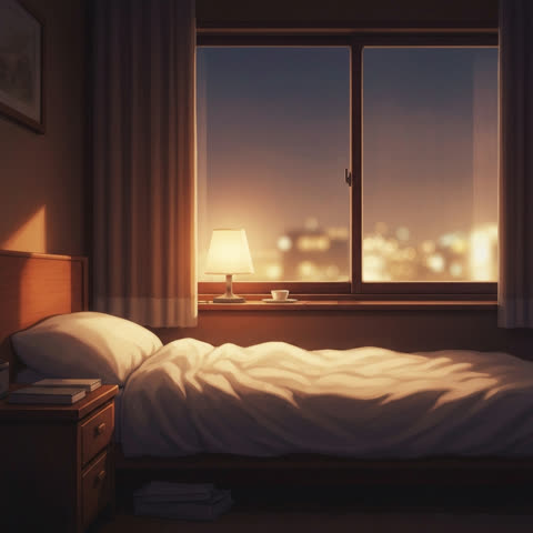 深夜、ベッドサイドの灯りと窓の夜景